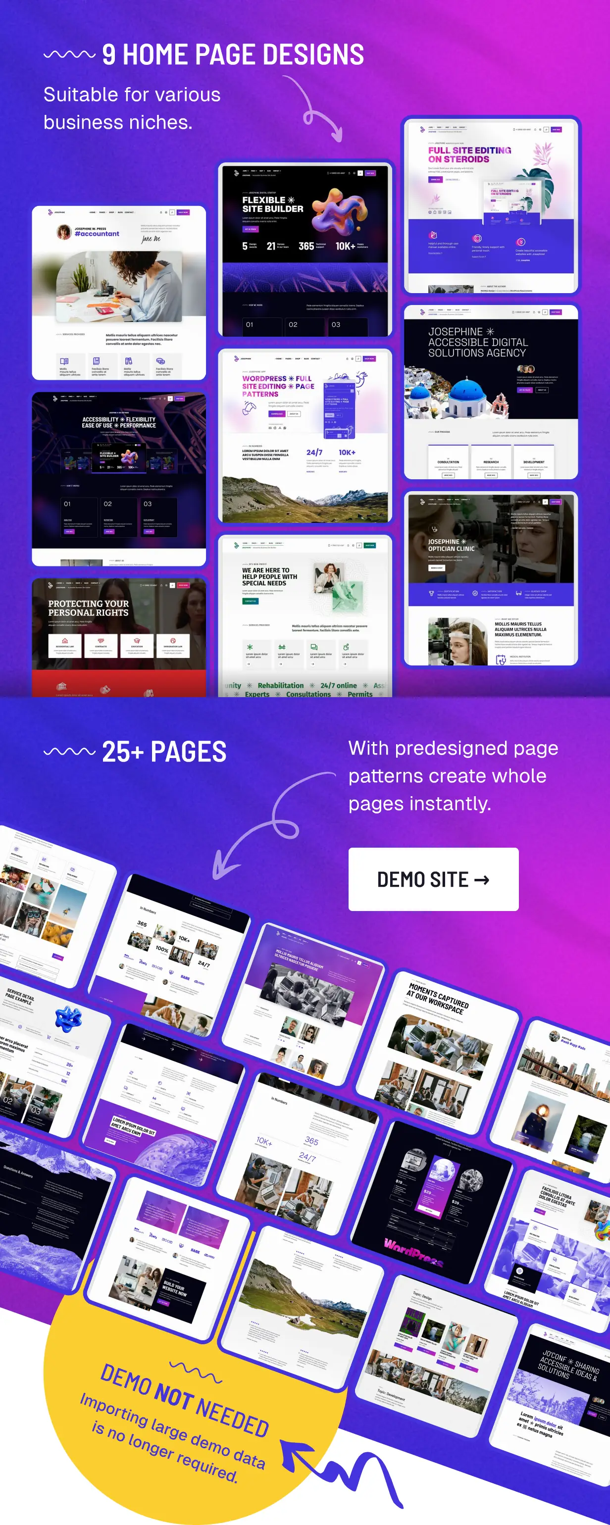 Josephine WordPress theme pages